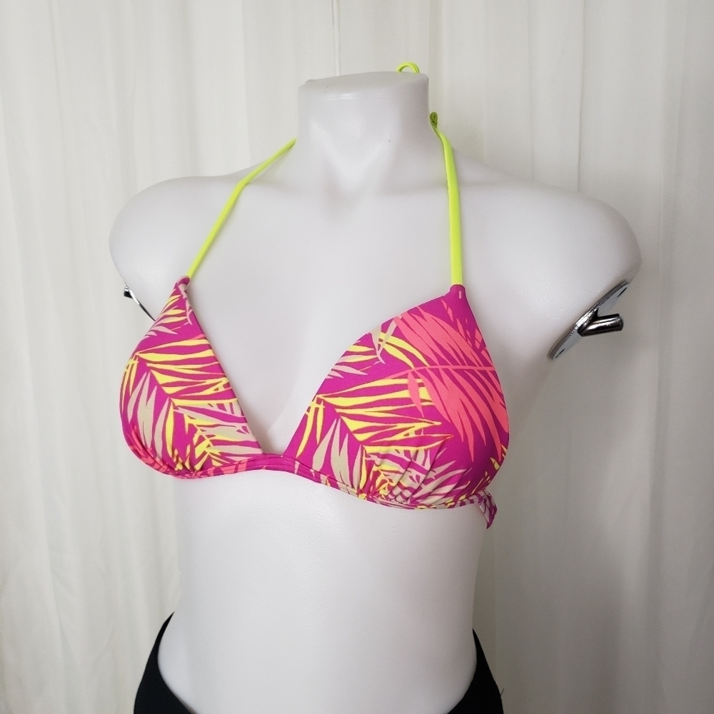 Hula Honey padded triangle bikini top hot pink neon yellow palm size small